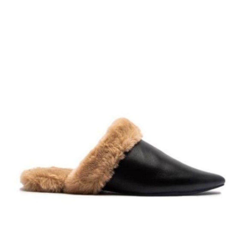 Faux Fur Lined Pointed Toe Mule in Black - Picture 2 of 6